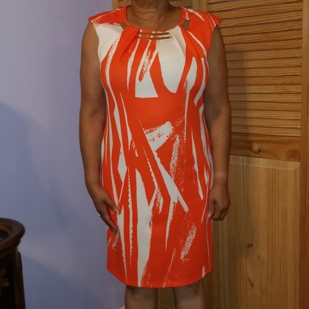 Orange and white shift dress